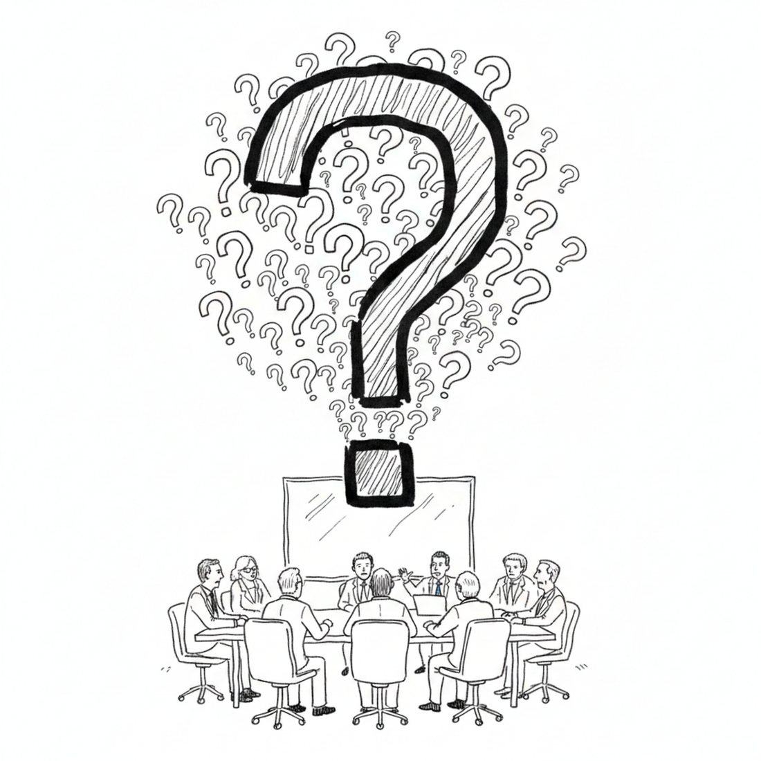 Hand-drawn sketch: a meeting under one giant question mark