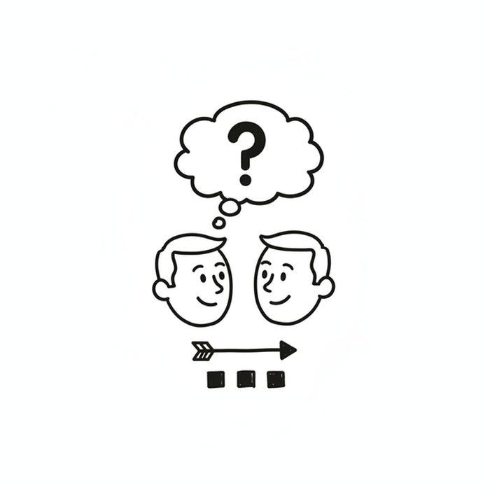 Hand-drawn sketch: two people, one question, one arrow to the point