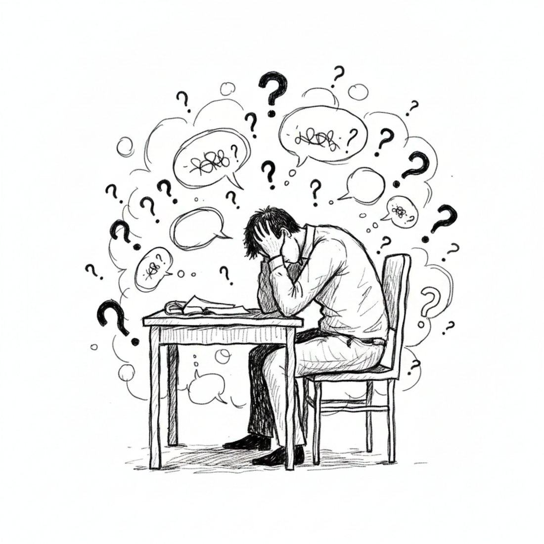 Hand-drawn sketch: a manager at his desk, surrounded by question marks