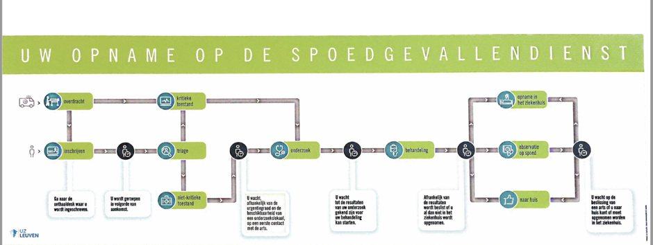 The original emergency-department poster: twenty steps, many icons and colours